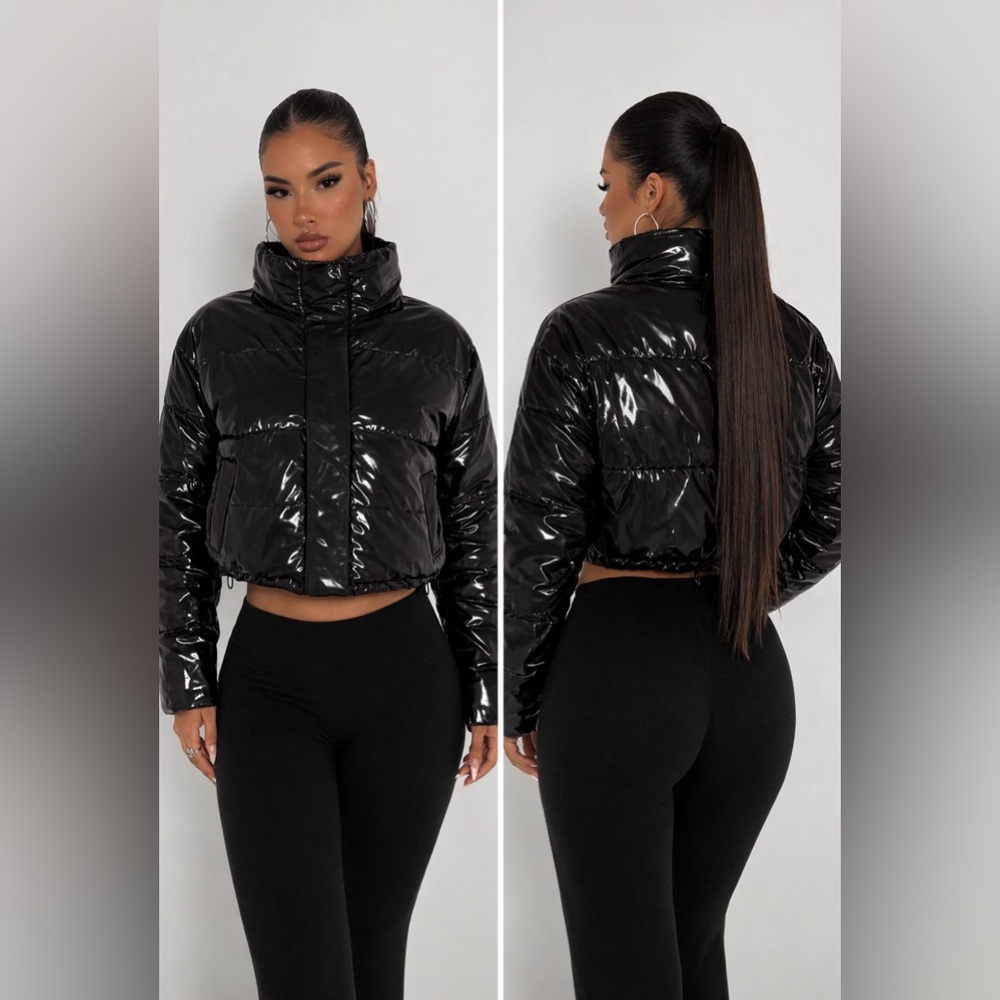 NWT PRETTYLITTLETHING Women's Black Vinyl Bubble Puffer Jacket-6 UK 2 US